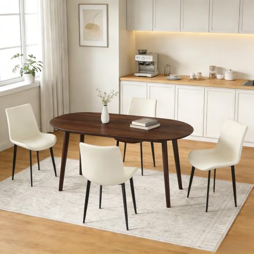 63" Oval Dining Table Set for 4 with Solid Wood Legs - color: Walnut Table Beige Chairs