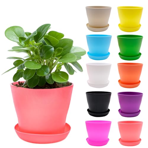 10 PCS Colorful Plastic Flower Pots, Mini Plant Pots with Drip Trays, for Seedlings Miniature Plants, Garden Office Balcony Decoration