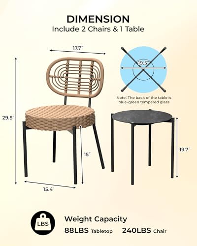 GarveeLife 3 Piece Wicker Patio Bistro Furniture Set, Outdoor Dining Chairs, Includes 2 Rattan Chairs and Tempered Glass Table, for Garden, Backyard, Balcony, Apartment (Black & Brown) - color: Black & Brown