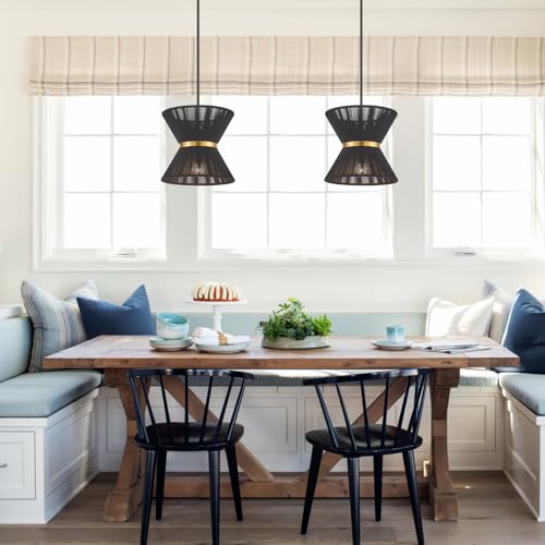 Hand Woven Boho Pendant Light Coastal Mini Modern Chandelier Adjustable Transitional Minimalist Pendant Lighting Fixtures for Kitchen Island Dining Room, Black, Dia 12.2”, UL Listed - color: 12" Black