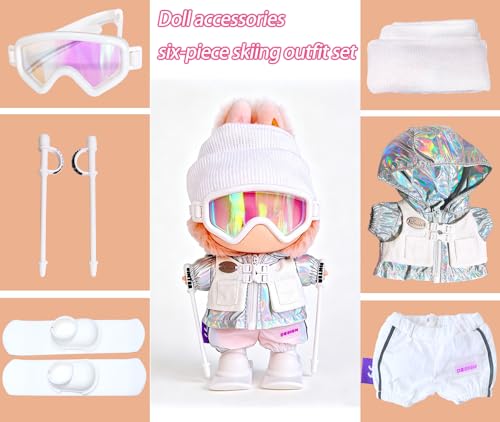 17cm Doll Clothes & Accessories Set for Labubu, White Ski Outfits - color: White