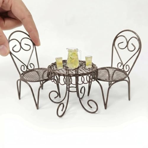 6 PCS Dollhouse Mini Bistro Table & Chairs Set with Resin Lemon Tea Set - color: Black