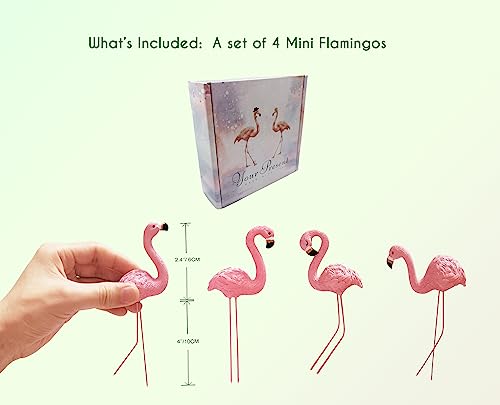 Mini Flamingos Figurines with Stakes - Set of 4 Small Flamingos Garden Gifts for Women Resin for Flower/Plant Pot Decorations - Miniature Fairy Garden
