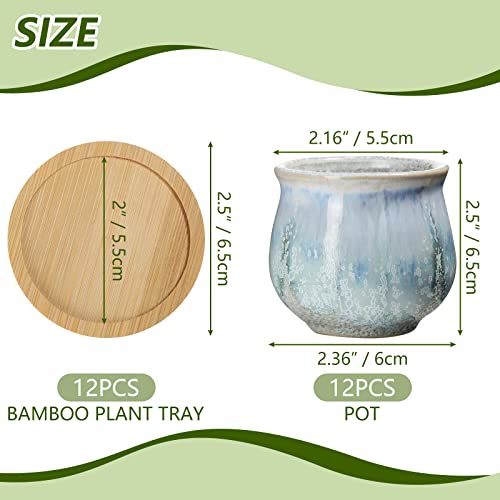 Remerry 12 Pcs Ceramic Succulent Pots 2.5 Inch with Bamboo Trays Small Pots - size: 2.5 Inch