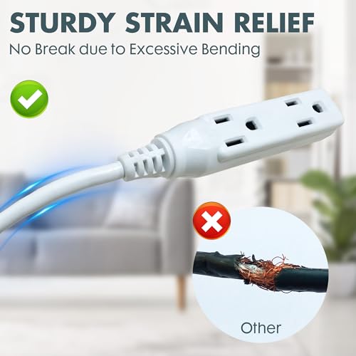 20 Ft White Flat Plug Extension Cord with 3 Outlets, 16 Gauge Heavy Duty - color: White, size: 20 FT