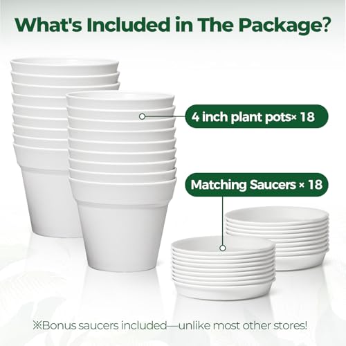 T4U Small Plant Pots 4 Inch 18 Pack, Plastic Flower Pots with Saucer White - color: White, size: 4 In
