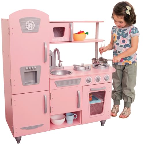 KidKraft Vintage Wooden Play Kitchen with Pretend Ice Maker and Play Phone, Pink - color: Pink