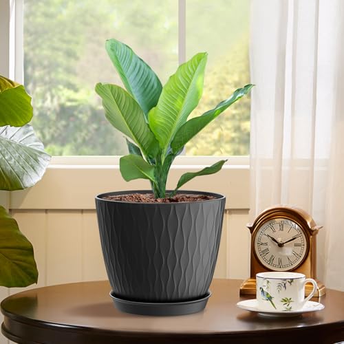 WSMKSZ 6 inch Plant Pots, 5 Pack Flower Pots with Drainage Holes and Saucers for Indoor Plants, Plastic Planters with Water Ripple for Small Garden House Plants, Nursery Pots for Succulent, Black - color: Black, size: 6inch 5pcs