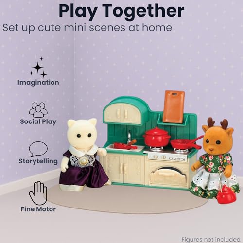 Family Dollhouse Kitchen Set — Miniature Stove, Sink & Oven with Frying Pan, Saucepan, Kettle, Utensils & Cutting Board — Dollhouse Furniture & Accessories for Ages 3+ - style: Kitchen Set