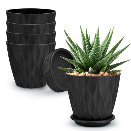 YNNICO 4 inch Plant Pots for Indoor with Drainage Holes and Tray Saucers - color: Black, size: 4 inch