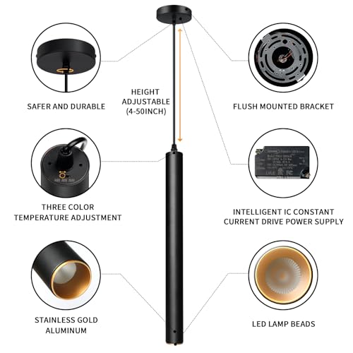 OKELI Modern Pendant Lights, 3 Color Temperature Adjustment LED Dimmable Pendant Light Fixtures, 2700K/4000K/6000K Pendant Lighting for Kitchen Island,Bar,Bedroom, 15.7inch, ETL, 1 Pack - color: Black-Dimmable+3 Color Temperature-1p, size: 15.7inch-1p