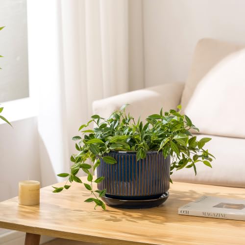SURE YUESI Ceramic Plant Pots Set of 3, Indoor Outdoor Planters with Drainage Hole and Saucer, Ceramic Flower Pots for Indoor Plants, 4.3+5.5+6.8 Inch, Home, Garden, Patio and Office, Glossy Blue - color: Navy Blue