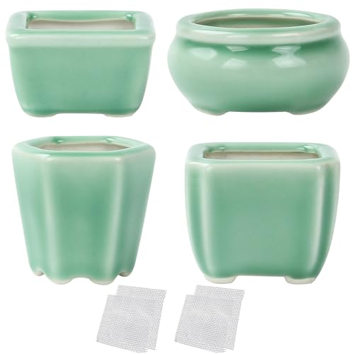 Bonsai Planter Succulent 4pc 2.4-2.8" (6-7cm) Mini Green Pots - color: Green 4pc