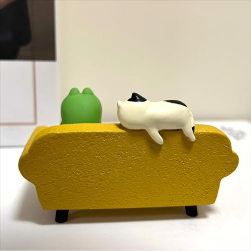 Miniature Yellow Sofa Figurine Set with Reading Frog and Cat, Cute Desk Decor, Funny Gifts for Frog and Cat Lovers - style: Yellow Sofa Frog