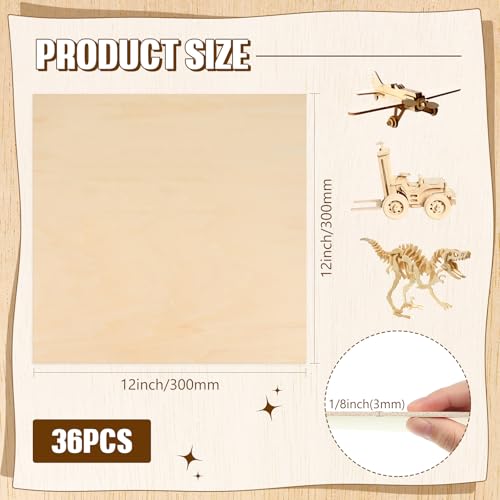 Riakrum Basswood Sheets Plywood Board Unfinished Wood Boards for Crafts for DIY Laser Projects Architectural Mini House Building Hobby Model Making(12 x 12 x 1/8 Inch,36) - size: 12 x 12 x 1/8 Inch