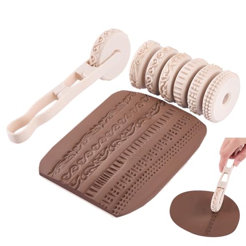 WADORN 6 Styles Pottery Texture Rollers with Handle, 6-Pattern 3D-Printed Clay Texture Roller Set Non-Stick Easy Clean Miniature Texture Rollers for Tabletop Polymer Clay Pottery Craft