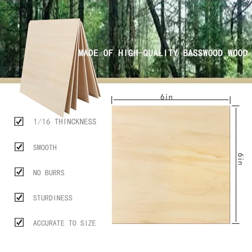 Unfinished Wood Pieces,18 Pack Basswood Sheets 1/16 Thin Plywood Wood Sheets for Crafts,Perfect for Architectural Models, Wooden DIY Ornaments, Laser, Wood Burning and CNC Cutting(152 x152 x 1.5mm) - color: 18 Pack, size: 6 x 6 inch - 1.5mm