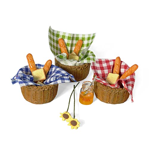 Miniature Food Dollhouse Accessories Garden Decor 1:12 Scale Bread Honey Picnic Basket Cloth Flowers 9PCS Garden Decoration Mini Room Display Props Model (Blue Picnic Cloth) - style: Blue Picnic Cloth