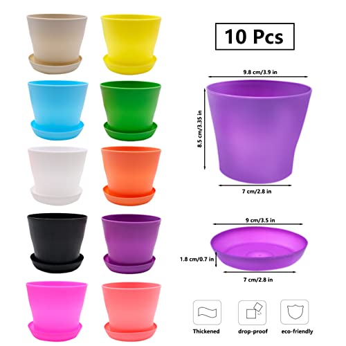 10 PCS Colorful Plastic Flower Pots, Mini Plant Pots with Drip Trays, for Seedlings Miniature Plants, Garden Office Balcony Decoration