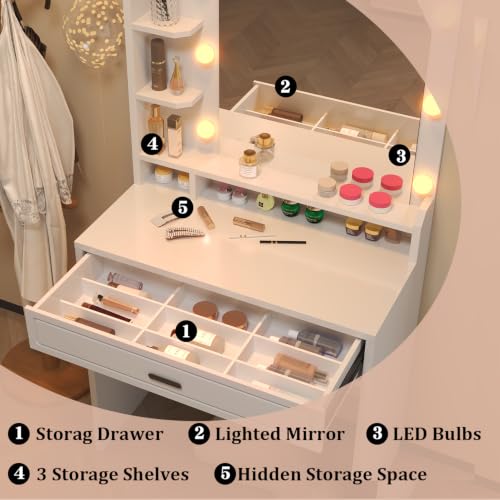 Makeup Vanity with Mirror with Lights for Girls White Lighted Vanity Desk Small Makeup Vanity Table Set with Storage Drawers 3 Lighting Modes & Adjustable Brightness - style: New White