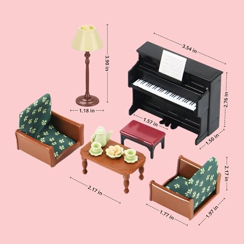 Family Dollhouse Living Room Set — Piano with Bench & Sheet Music, Two Armchairs, Coffee Table, Floor Lamp & Tea Set — Dollhouse Furniture & Accessories for Ages 3+ - style: Living Room Set