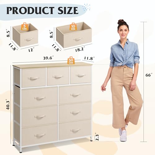 WLIVE Tall Dresser for Bedroom, 9 Drawer Chest of Drawers, Cream White - color: Cream White