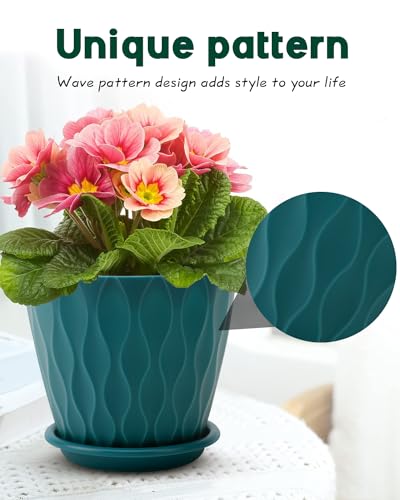 6 Inch Indoor Planter Pots with Drainage Hole and Tray Saucer,Flower Pots for Indoor Outdoor Garden Plants and Flowers, Multicolor, 5 Packs (Blue)