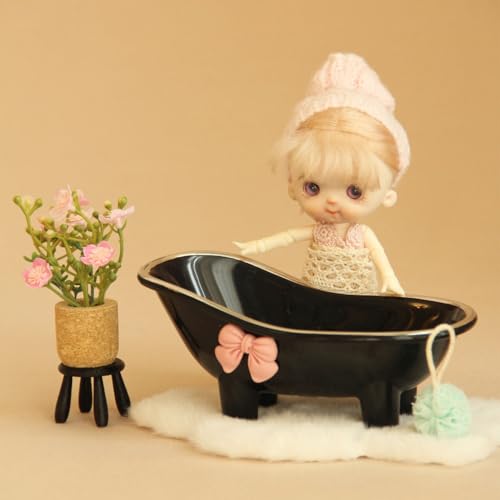 3 Pcs 1:12 Dollhouse Furniture Bathtub with Blue Bath Ball and Rug - color: Black
