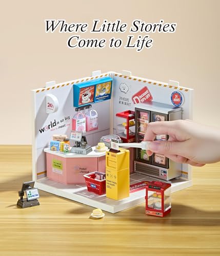 24-Hour Convenience Store DIY Miniature House Kit with Roof & LED Light, Stackable & Connectable Dollhouse Kit with Dustproof Doors, Creative DIY Crafts Building Toy Gift for Adults Teens - color: Convenience Store, size: Meduim