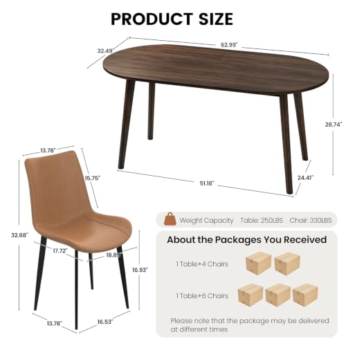63" Oval Dining Table Set for 4 with Solid Wood Legs - color: Walnut Table Brown Chairs