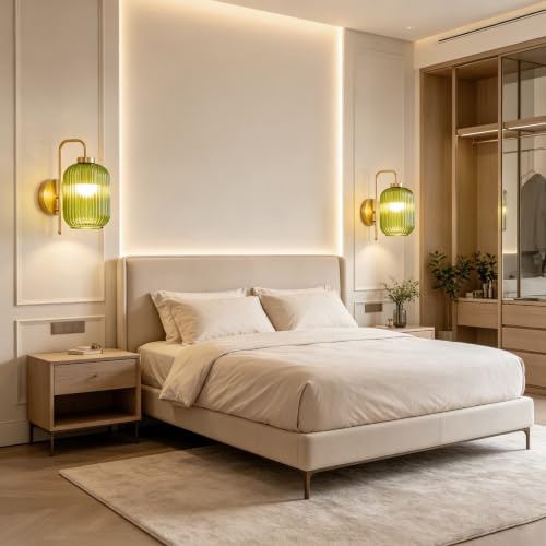 Wireless Rechargeable Battery Operated Wall Sconce with Glass Lampshade - color: Gold-Green Shade