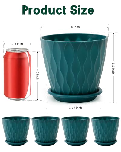 6 Inch Indoor Planter Pots with Drainage Hole and Tray Saucer,Flower Pots for Indoor Outdoor Garden Plants and Flowers, Multicolor, 5 Packs (Blue)