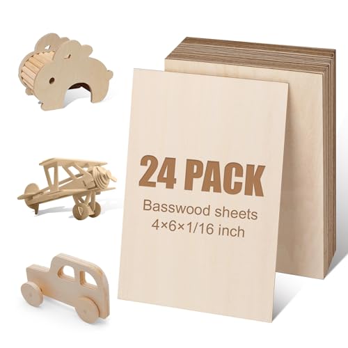24Pack Basswood Sheets 4x6x1/16 Inch, Basswood for Laser Cutting & Engraving, Thin Plywood Wood Sheets Unfinished Wood for Crafts, DIY Architectural Models, Wood Burning and Painting. - size: 4"x6"