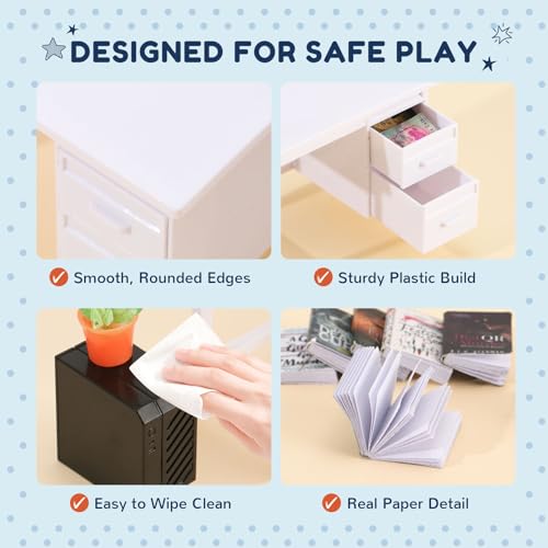 KIMO 1:12 Scale Mini Furniture: Desk Set w/PC, Bookshelf & Mini Books - color: Warm Beige