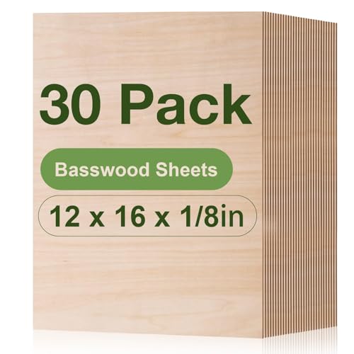 ROBOTIME 30-Pack Basswood Sheets 1/8" x 12" x 16" - Laser Engraving Blanks, 3mm Wood for Laser Cutting and Engraving - color: Basswood, size: 12"x16"x1/8"-30-Pack