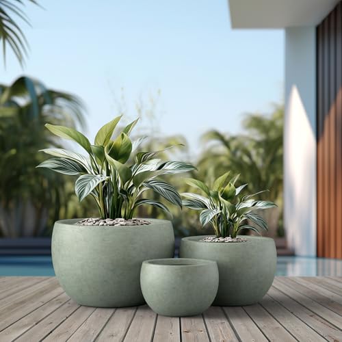 Kante Set of 3 Mint Green Concrete Bowl Planters 19.9" 15.7" 11.8" Dia - color: Mint Green, size: 19.9"D + 15.7"D + 11.8"D