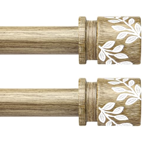 QDWIS 2 Pack Weathered Wood Curtain Rods for Windows 48 to 84 inch Boho Decorative Handmade Wood Grain Drapery Rods with Leaf Finial 1" Adjustable Heavy Duty Curtain rod for Living Room Bedroom - color: Weathered Wood, size: 36'' - 88'' (2 Pack)