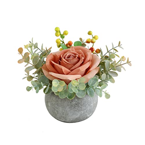 Small Artificial Orange Rose Potted Plant, Mini Faux Floral Decor - color: Orange