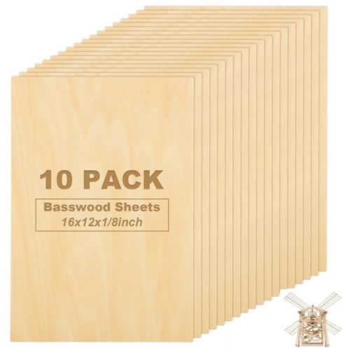 10Pcs 16 x 12 x 1/8 Inch Basswood Sheets, Unfinished Wood Boards, 3mm Basswood for Laser Cutting, Arts and Crafts, Painting, Pyrography, Wood Engraving, Architectural Models