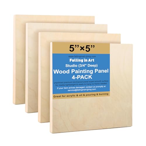 Falling in Art 4 Pack 5x5’’ Unfinished Birch Wood Panels Kit for Painting - size: 5'' x 5'' Studio