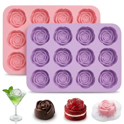 24 Cavity Rose Silicone Mold for Chocolate,2PCS Roses Soap Molds for Chocolate,Cream Cheese,Candy,Ice Cube, Jello, Jelly, Candles, Soaps, Cupcake Summer Wedding Desserts Decorations - color: 24-Cavity Pink&Purple