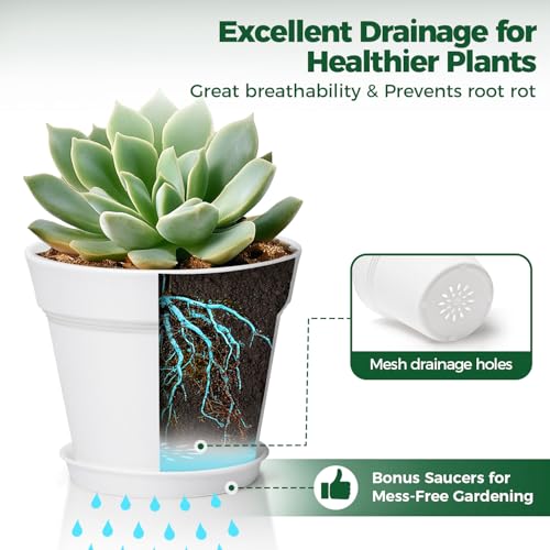 T4U Small Plant Pots 4 Inch 18 Pack, Plastic Flower Pots with Saucer White - color: White, size: 4 In
