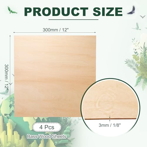 HARFINGTON 4pcs 3mm Basswood Plywood Sheet 12"x12"x1/8" Thin Plywood Board - size: 12"x12"x1/8"(3mm Thick)