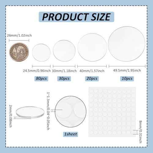 FINGERINSPIRE 140 Pcs Clear Circles Acrylic Sheet 1/1.18/1.57/2 inch Acrylic Miniature Bases with Double-Sided Glue Pads Blank Round Acrylic Base for Action Figure Miniatures Festival Craft Keychain - color: Clear With 4 Size