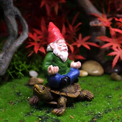 Mini Turtle Gnome Statue for Fairy Garden, Hand-Painted Meditation Gnome on Turtle, Tiny Gnome Figurine Plant Pot Decor, Fairy Garden Miniatures & Accessories, 3 x 2.6 x 2.2 Inches - color: Meditating Gnome Turtle