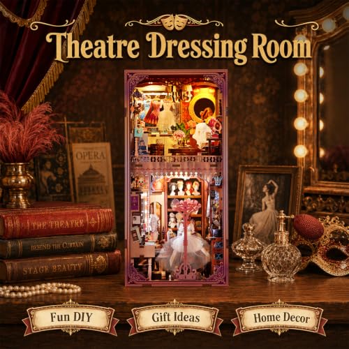 fifijoy DIY Book Nook Kit - Theatre Dressing Room DIY Miniature Dollhouse Booknook Kit for Adults, 3D Wooden Puzzle Bookend Bookshelf Insert Decor, Gift for Family, Friends (with White Light) - color: Theatre Dressing Room