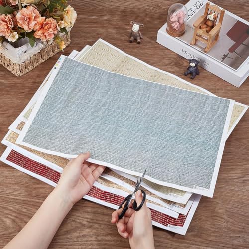 PH PandaHall 12PCS Miniature Dollhouse Wallpaper, Miniatures Floor Paper Self-Adhesive Paper Wall Sticker Gloss Card Sheet Effect Wallpaper for Model Dollhouse Accessories Decorations, 7.87x11inch