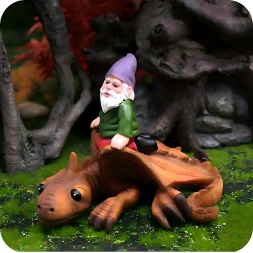 Garden Gnome Riding Dragon Statue, Hand-Carved Original Design, 4.7x3.5 Inch Funny Outdoor Decor, for Dinosaur Lovers, Boys, Fantasy Garden Figurine - style: Gnome Riding Dragon