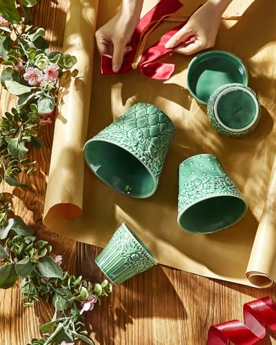 Metahom Ceramic Plant Pots Set of 3, Green Color, Embossed Design - color: Green