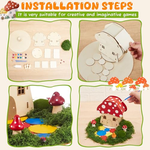 Kathfly 8 Sets Wooden Fairy House DIY Craft Kit for Kids with Paints & Decorations,Unpainted Miniature Garden Accessories for Home Event Party Decorations, Arts Birthday Party Favor (Mushroom Houses) - color: Mushroom Houses